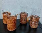 Vintage glazen met rotan houder – set van 4, Ophalen of Verzenden