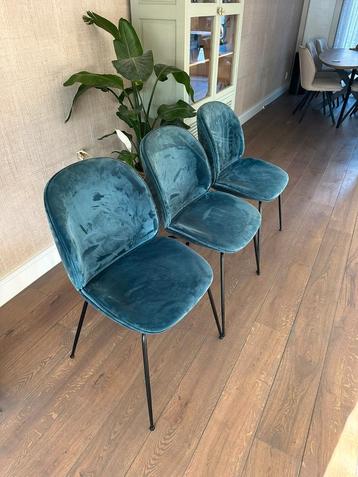 3 mooie velvet petrol stoelen beschikbaar voor biedingen