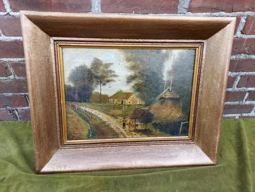 Schilderij, landschap met boerderij en hooiberg., Antiek en Kunst, Kunst | Schilderijen | Klassiek, Verzenden
