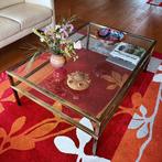 GLAZEN SALONTAFEL MET NAADLOOS, MESSING FRAME, Ophalen, Gebruikt, 100 tot 150 cm, 50 tot 100 cm