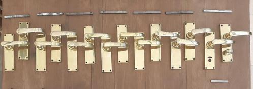 7 Messing Deurklinken met Rechthoekig Schild, Huis en Inrichting, Woonaccessoires | Overige, Gebruikt, Ophalen