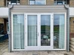 Hardhout kozijn met dubbele tuindeuren en zijlichten, Ophalen of Verzenden, Glas, 120 cm of meer, 215 cm of meer