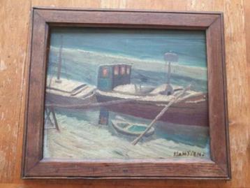 Oud schilderij op hout Vrachtboot in de sneeuw Hansens beschikbaar voor biedingen