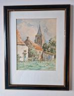 Aquarel Dorpsgezicht met Kerk, Antiek en Kunst, Kunst | Tekeningen en Foto's, Ophalen