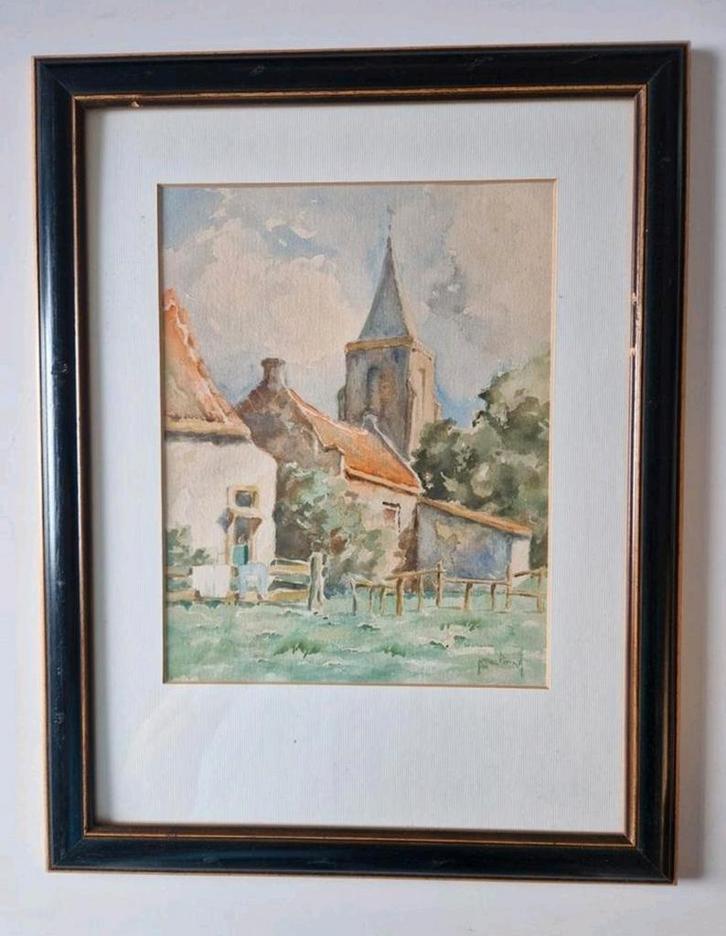 Aquarel Dorpsgezicht met Kerk, Antiek en Kunst, Kunst | Tekeningen en Foto's, Ophalen