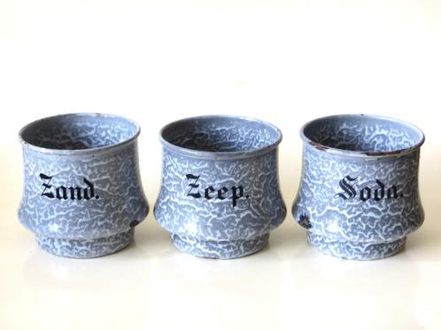 Set Zand Zeep Soda bakjes grijs gewolkt emaille, Antiek en Kunst, Antiek | Emaille, Ophalen of Verzenden