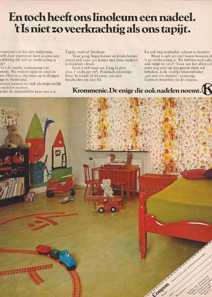 Retro reclame 1972 Krommenie linoleum in kinderkamer, Verzamelen, Retro, Overige typen, Verzenden