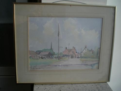Aquarel dorpsgezicht. A. de Saet. Ingelijst met passepartout, Antiek en Kunst, Kunst | Overige Kunst, Ophalen