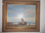 Schilderij olieverf op doek gesigneerd zee met schip, Antiek en Kunst, Ophalen of Verzenden