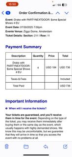 30 juli Drake 4 Tickets Ziggo Dome, Tickets en Kaartjes, Drie personen of meer, Juli