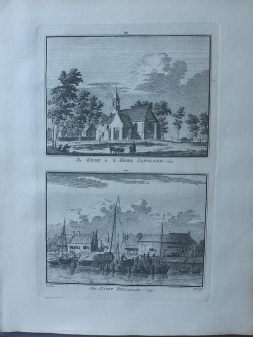 99-100*/ kerk St. Jansland en Bruinisse Zeeland gravure 1754, Antiek en Kunst, Kunst | Etsen en Gravures, Ophalen of Verzenden