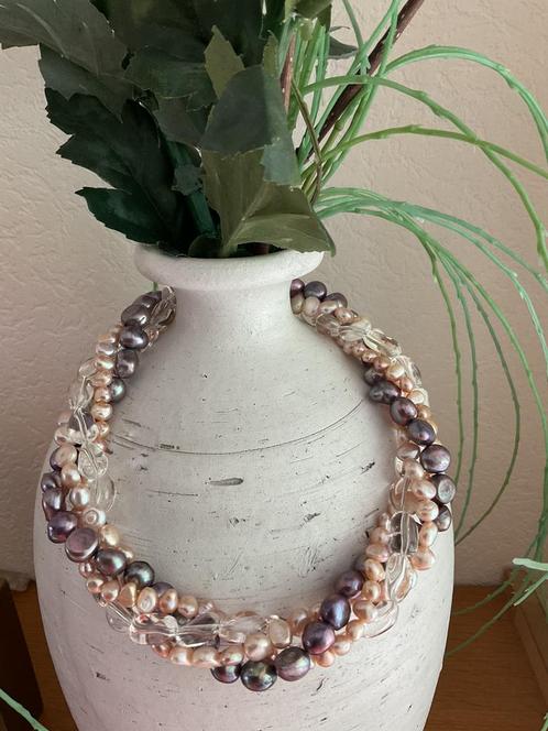 Ketting met roze en lila zoetwaterpearels en bergkristal, Sieraden, Tassen en Uiterlijk, Kettingen, Nieuw, Overige materialen