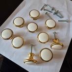 10 Vintage goudkleurige kastknopjes, wit frontje, Huis en Inrichting, Ophalen of Verzenden, Gebruikt