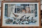 Geborduurde schilderij Katten en vogels, Huis en Inrichting, Woonaccessoires | Schilderijen, Tekeningen en Foto's, Minder dan 50 cm