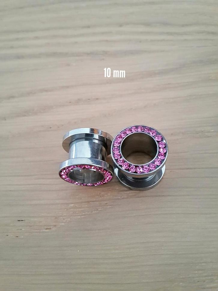 Nieuwe tunnels, pluggen. Staal. Roze steentjes. 5, 6, 8, 10, Sieraden, Tassen en Uiterlijk, Piercings, Zo goed als nieuw, Oor- of Traguspiercing