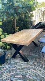 Houten Tafel met Metalen Onderstel, Huis en Inrichting, Tafels | Eettafels, Ophalen, Gebruikt, 100 tot 150 cm, Eikenhout