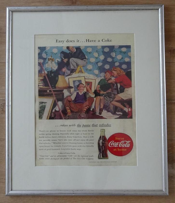 Vintage Coca Cola Schilderij achter Glas met Lijst uit 1946, Verzamelen, Merken en Reclamevoorwerpen, Zo goed als nieuw, Ophalen