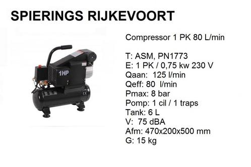 Compressor 1PK tot 20PK Spierings Rijkevoort, Doe-het-zelf en Verbouw, Compressors, Nieuw, 6 tot 10 bar, Minder dan 25 liter, 200 tot 400 liter/min