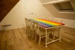 Houten tafel in regenboogkleuren 90*210, Huis en Inrichting, Tafels | Eettafels, Nieuw, Vijf personen of meer, 150 tot 200 cm