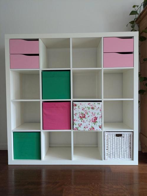 Kallax Ikea kast 4x4 (16) vakken met laden en boxen, Huis en Inrichting, Kasten | Wandmeubels, Gebruikt, Minder dan 100 cm, Minder dan 150 cm