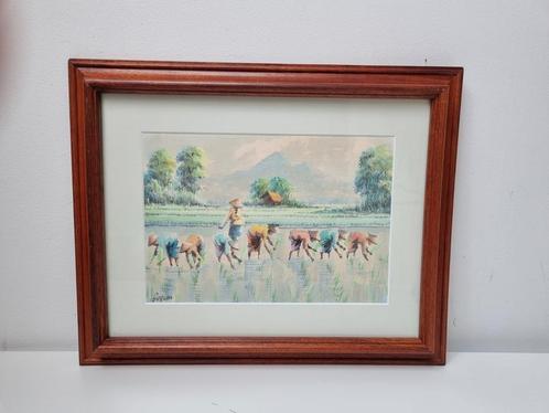 Aquarel van Vietnamees landschap, Gugum, Huis en Inrichting, Woonaccessoires | Schilderijen, Tekeningen en Foto's, Zo goed als nieuw