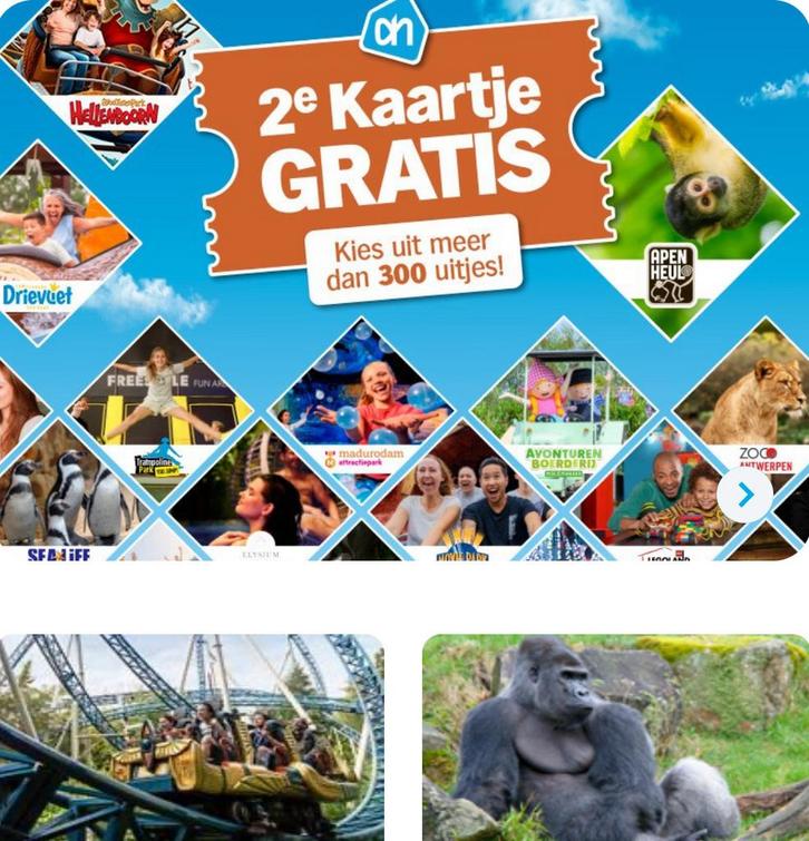 22 volle spaarkaarten 2e kaartje gratis AH actie, Tickets en Kaartjes, Recreatie | Pretparken en Attractieparken, Drie personen of meer
