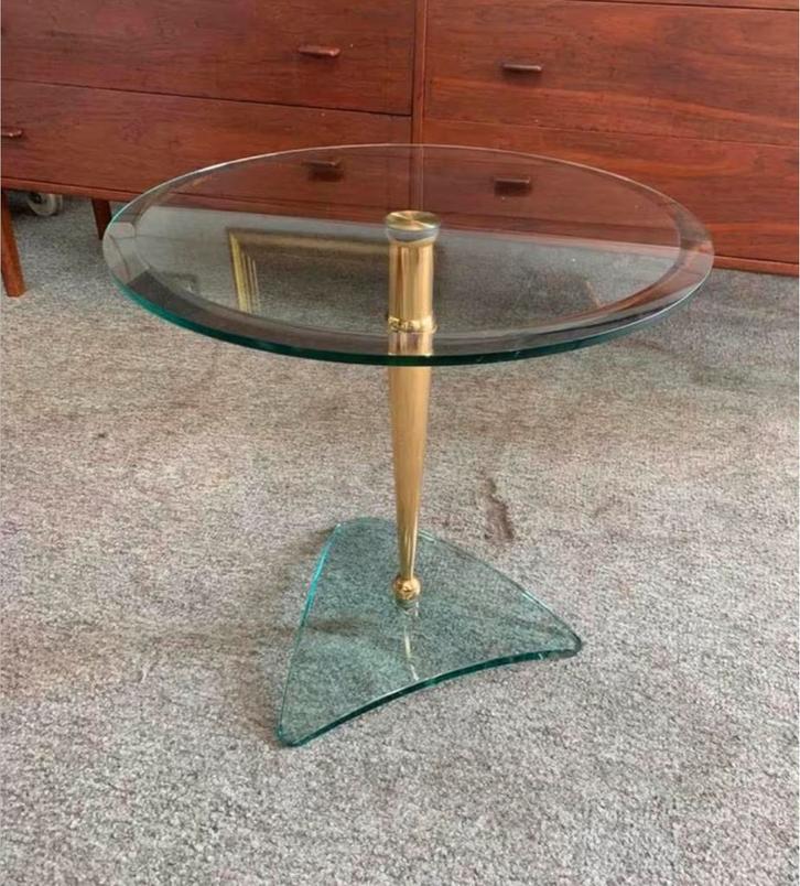 Vintage Italiaanse Ronde regency Glas en Messing Bijzettafel, Huis en Inrichting, Tafels | Bijzettafels, Ophalen of Verzenden