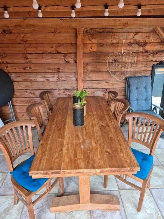 Massief Teakhout tafel en stoelen, Huis en Inrichting, Tafels | Eettafels, Zo goed als nieuw, 50 tot 100 cm, 200 cm of meer, Rechthoekig