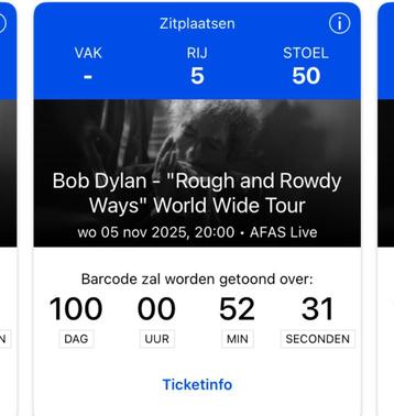 4 tickets Bob Dylan Rough and Rowdy ways 5 november AFAS beschikbaar voor biedingen