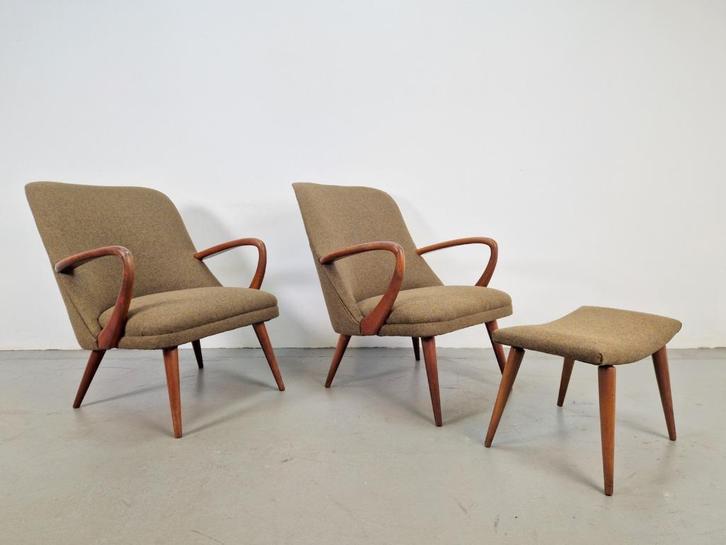 Set fauteuil teak ´60 scandinavisch mid century refurbished, Huis en Inrichting, Fauteuils, Gebruikt, Hout, Stof, 50 tot 75 cm