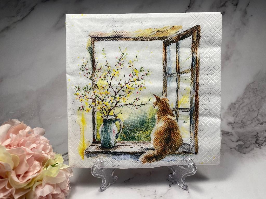 Knutsel servetten kat in vensterbank decoupage nr HM76, Ophalen of Verzenden, Nieuw, Materiaal