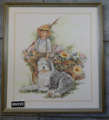 JONGEN MET HOND BOBTAIL * Geborduurd * beschikbaar voor biedingen