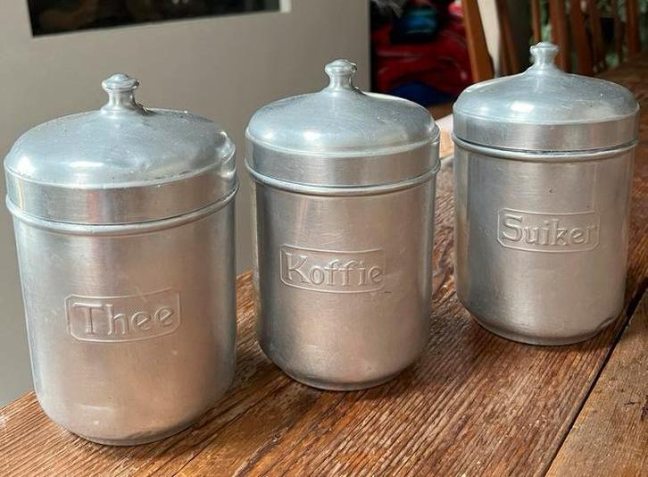Koffie thee suiker voorraadbussen aluminium, Antiek en Kunst, Antiek | Keukenbenodigdheden, Ophalen of Verzenden