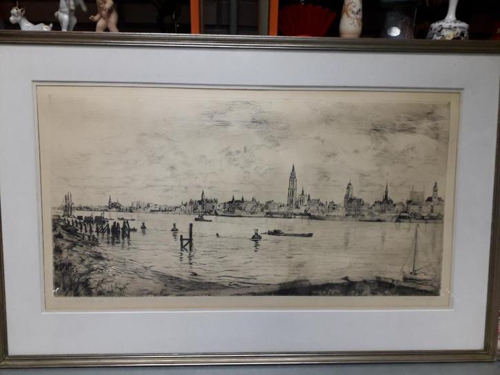 ANTIEKE ETS STADSGEZICHT ANTWERPEN gesigneerd : ROM MALFLIET, Antiek en Kunst, Kunst | Etsen en Gravures, Ophalen of Verzenden