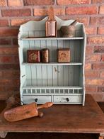 Brocante oude houten hangkastje in mint groen, Ophalen of Verzenden