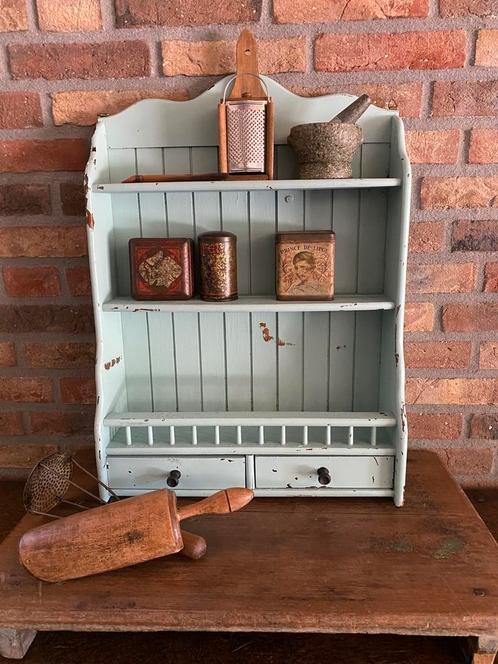 Brocante oude houten hangkastje in mint groen, Antiek en Kunst, Curiosa en Brocante, Ophalen of Verzenden