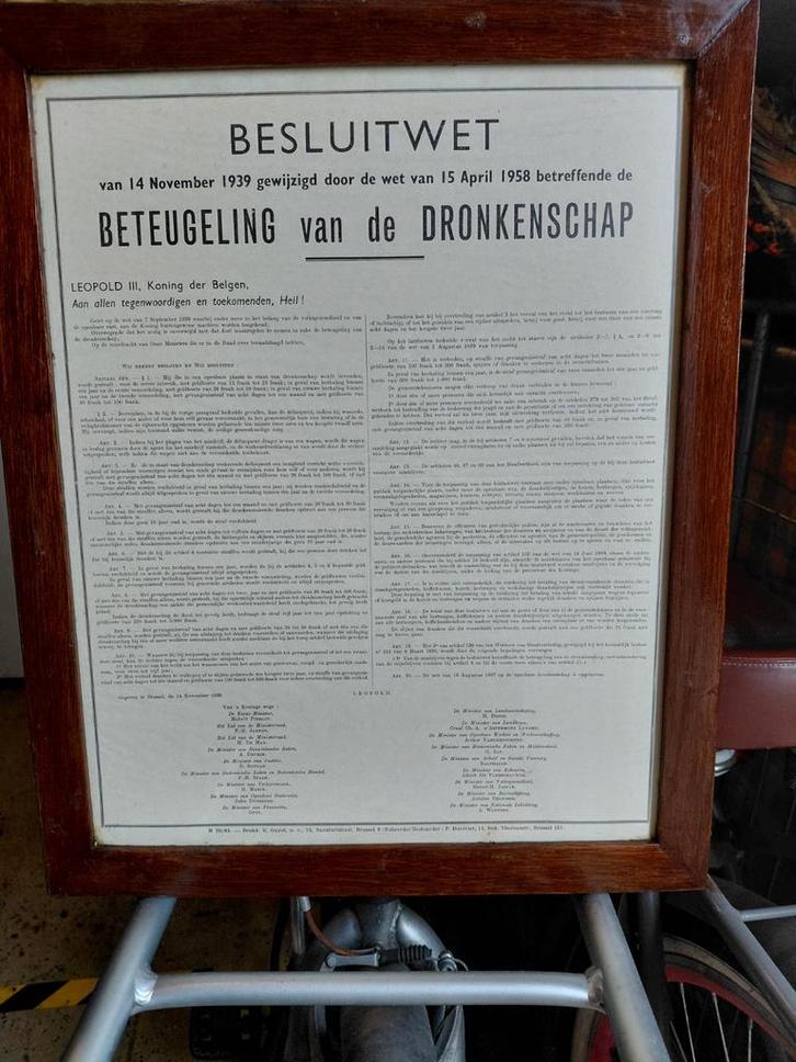 Besluitwet Beteugeling Dronkenschap - Ingelijst, Antiek en Kunst, Antiek | Overige Antiek, Ophalen of Verzenden