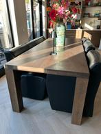 Massief houten eettafel 6 persoon + 3 lederen Stoelen & Bank, Ophalen, Gebruikt, 200 cm of meer, 50 tot 100 cm