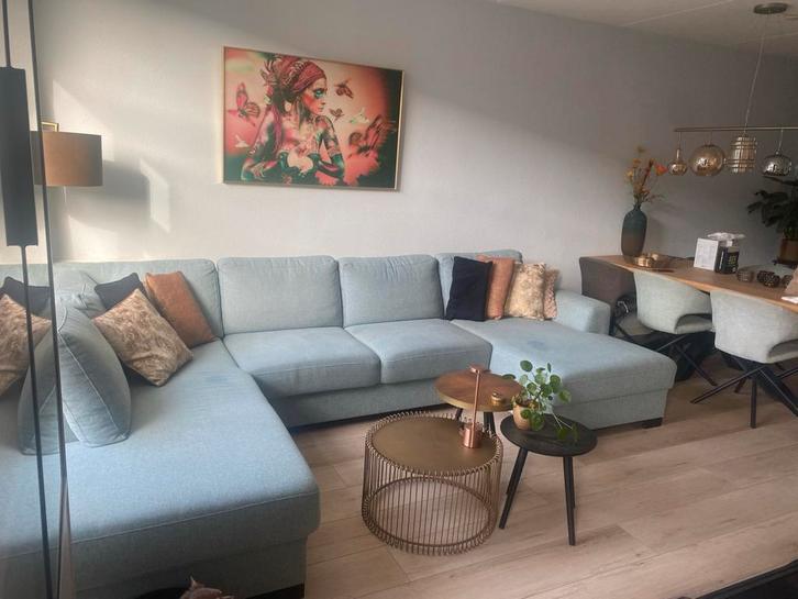 IJsblauwe hoekbank met lounge gedeelte, Huis en Inrichting, Banken | Bankstellen, Gebruikt, Hoekbank, 300 cm of meer, Stof, Ophalen