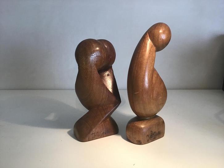 Teak Houten Beelden Set 1977 gemerkt, Antiek en Kunst, Kunst | Beelden en Houtsnijwerken, Ophalen
