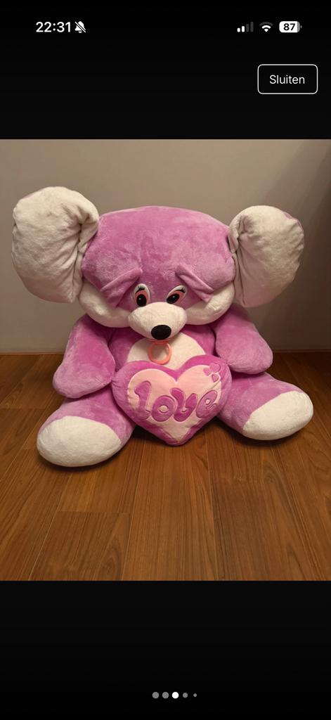 Grote paarse knuffelbeer met hartje, Paars, Gebruikt, Beer, Ophalen of Verzenden