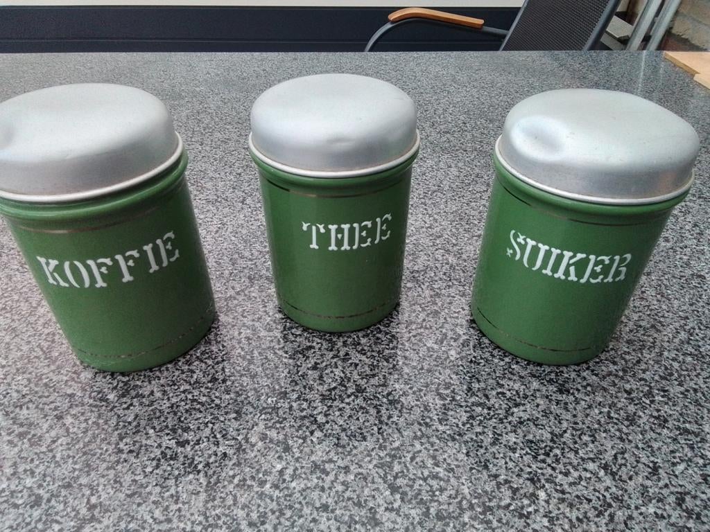 Vintage voorraadpotten: Koffie, Thee, Suiker (groen), Ophalen, Voorraadpot, Metaal, Overige merken
