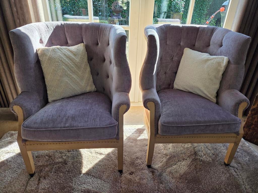 Set van 2 Riviera Maison fauteuils grijs/paars, 75 tot 100 cm, Ophalen of Verzenden, Zo goed als nieuw, Stof