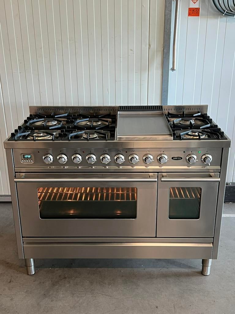 Luxe Boretti 7-pits RVS-fornuis 120 cm met frytop, 60 cm of meer, Ophalen of Verzenden, Gas, Vrijstaand