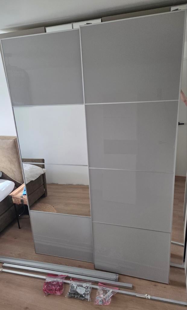 IKEA PAX Schuifdeuren (4 stuks) met spiegel en taupe/grijs, Ophalen, Gebruikt, 200 cm of meer, 200 cm of meer