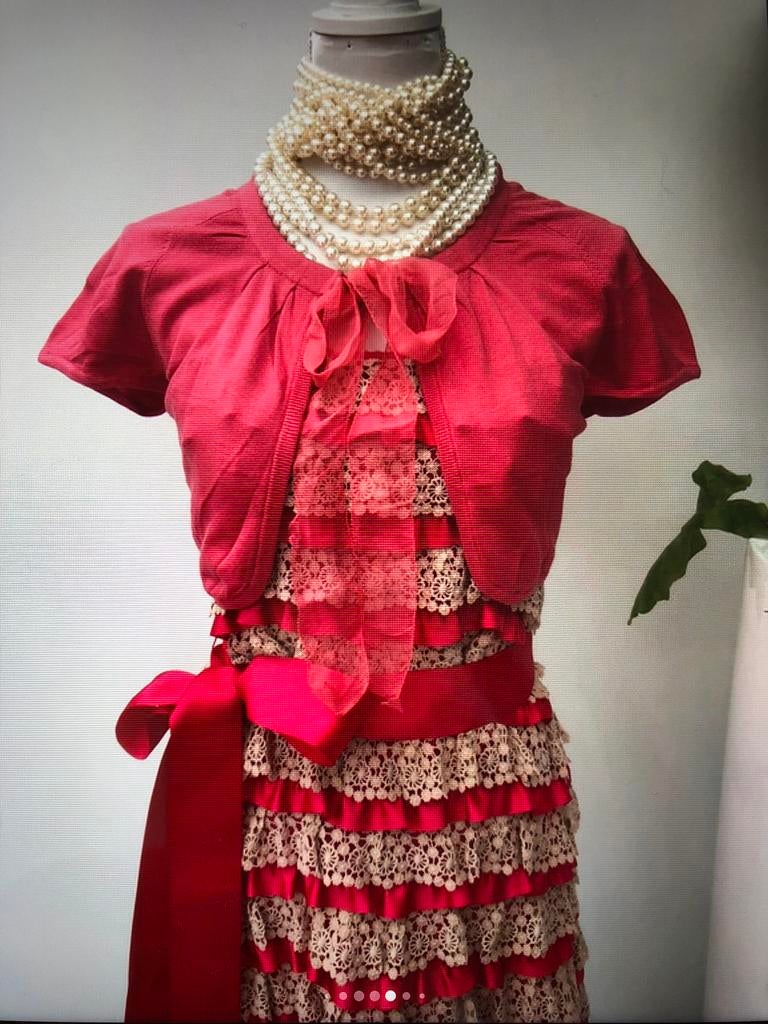 Tintoretto jurk en bolero roze met beige kant 38 40 m l xl, Maat 38/40 (M), Verzenden, Nieuw, Knielengte