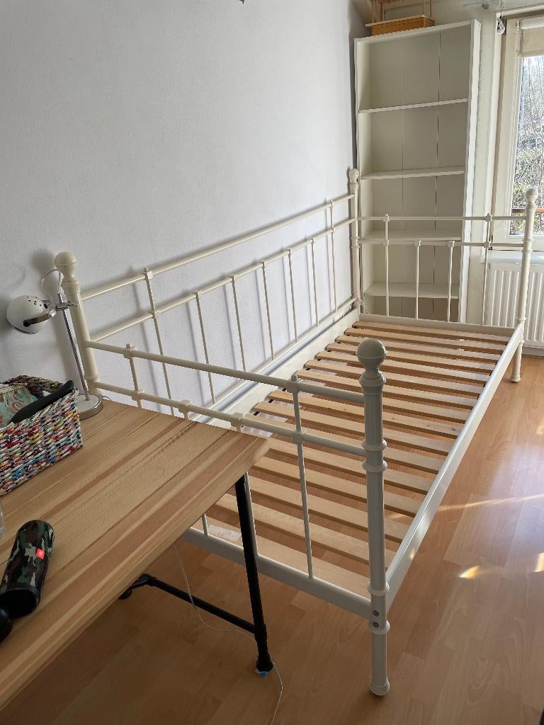 Metalen bed Ikea Tromness incl. lattenbodem, Ophalen, 90 cm, Eenpersoons, Wit