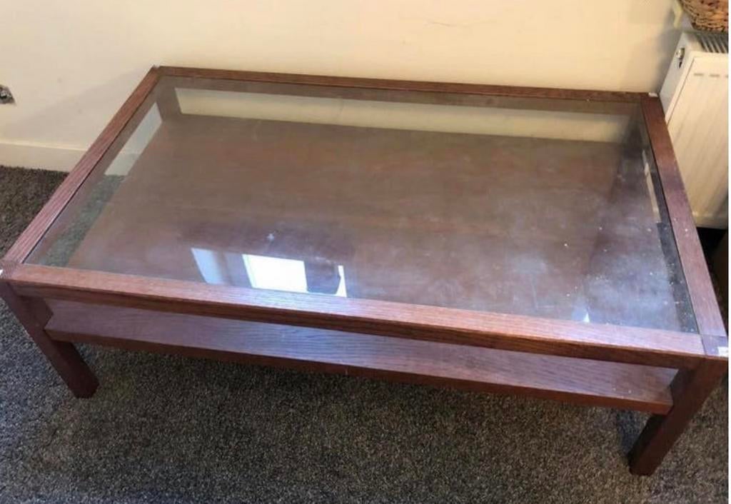 Salontafel hardhout met glazen blad en opbergruimte, Ophalen, Gebruikt, 100 tot 150 cm, 50 tot 75 cm