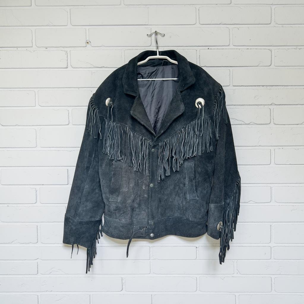 Vintage Jas Maat L Zwart Leer Suède Cowboy Western MotoStyle, Maat 52/54 (L), Zwart, Ophalen of Verzenden, V