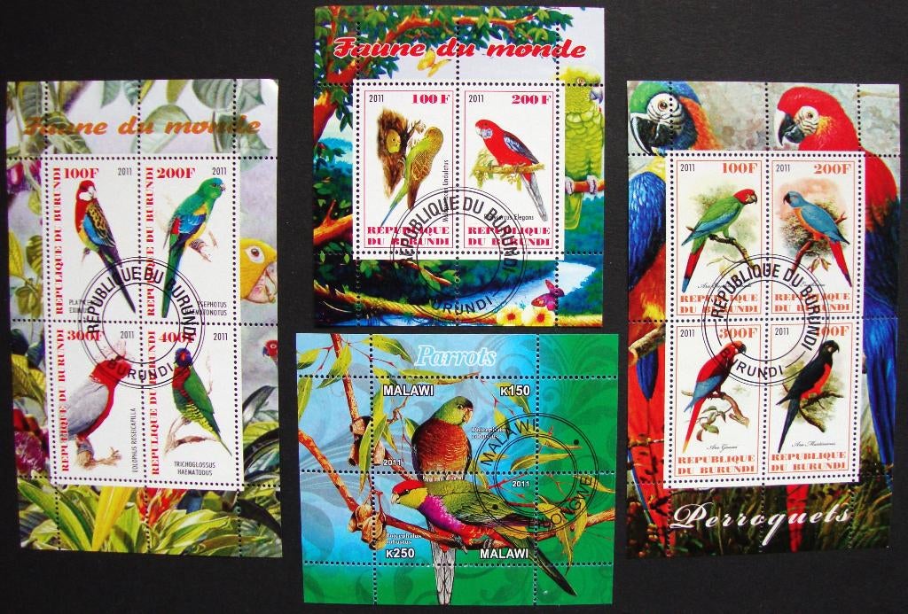 - 816 - 4 Blokken/blokjes met Papagaaien., Verzenden, Gestempeld, Dier of Natuur